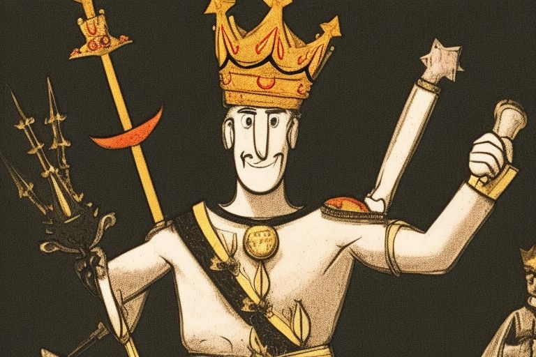 A cartoon image of a man confidently standing with his hands on his hips while wearing a crown with a scepter in one hand and a meme in the other hand.