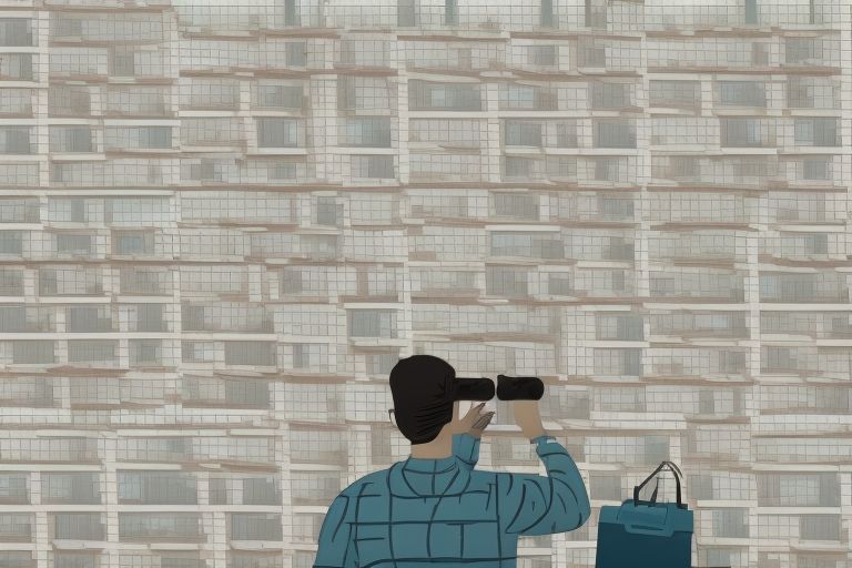 A cartoon image of a person in Brooklyn holding binoculars looking for an apartment building.