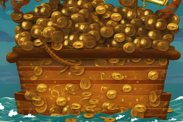 A cartoon image of a pirate ship sailing through rough seas with a treasure chest full of gold coins at its bow
