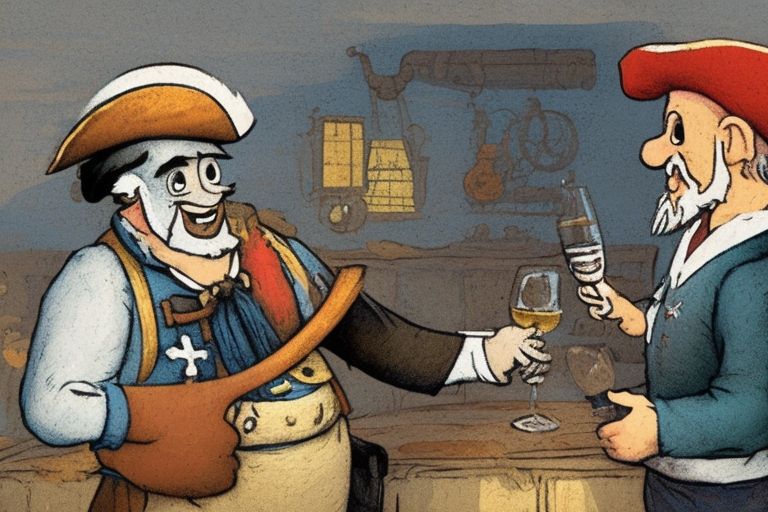 A cartoon image of a pirate talking to an old-fashioned sailor while holding a bottle of wine