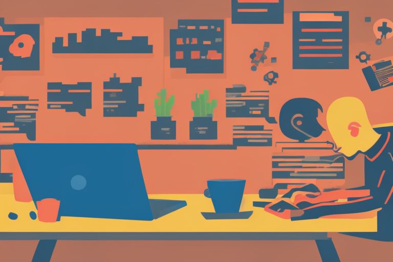 A cartoon image of a programmer typing away at their computer while surrounded by various coding tools like a laptop, coffee mug and code editor.