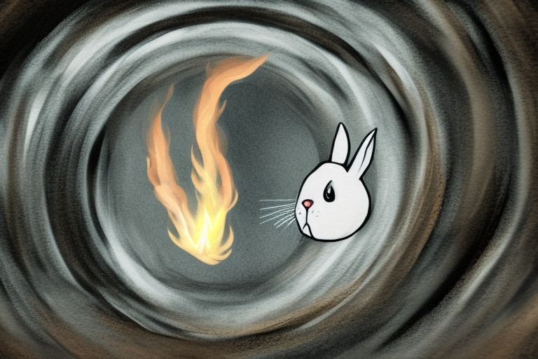A cartoon image of a white rabbit descending down a dark tunnel filled with smoke and flames