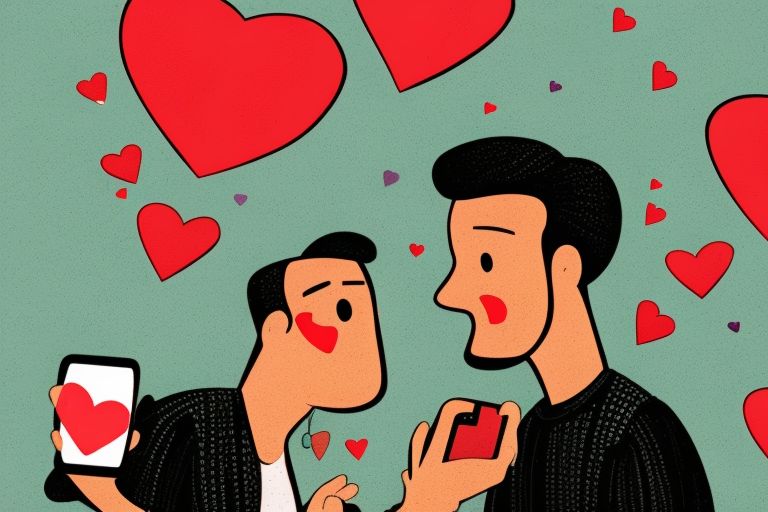 A cartoon image of a woman holding her phone with hearts around her head as she looks lovingly at a man standing in front of her.