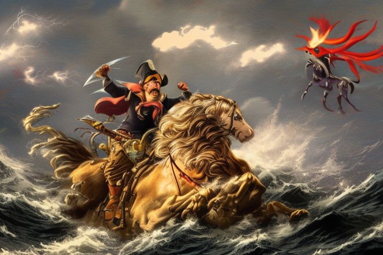 A cartoon image of an adventurous pirate riding atop a wild stallion in open waters with lightning bolts flashing in the background