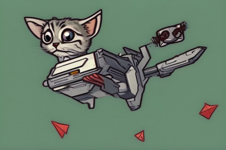 A cartoon image of an alien kitten flying around in a spaceship while holding a ray gun.