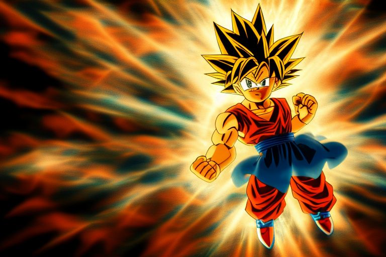 A cartoon image of Goku standing in his Super Saiyan 100 form surrounded by clouds with rays of light shining down on him from above.