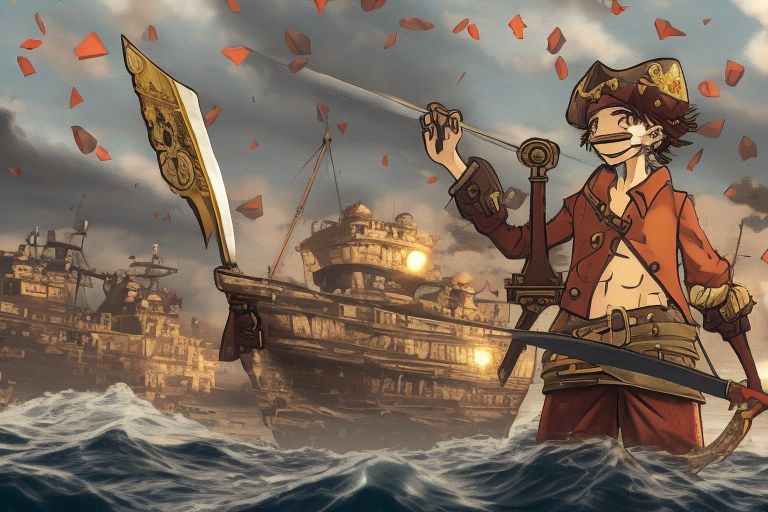 A cartoon image of Goro Akechi dressed up like a pirate complete with an eye patch, bandana, sword, and hook hand while standing atop a treasure chest overflowing with gold coins next to a pirate ship sailing across stormy seas under a full moon sky background