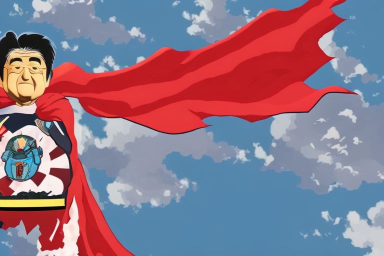 A cartoon image of Japanese Prime Minister Shinzo Abe wearing a superhero cape and flying through the sky towards a brighter future for Japan.