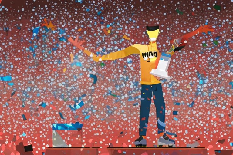 A cartoon image of Senhor Gabriel standing proudly at a podium with a trophy in hand as confetti falls around him celebrating his victory at the 37th round of competition.