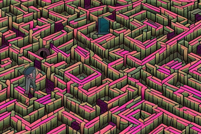 A cartoon image of someone navigating their way through a colorful maze filled with obstacles such as walls and dead ends while collecting coins along the way