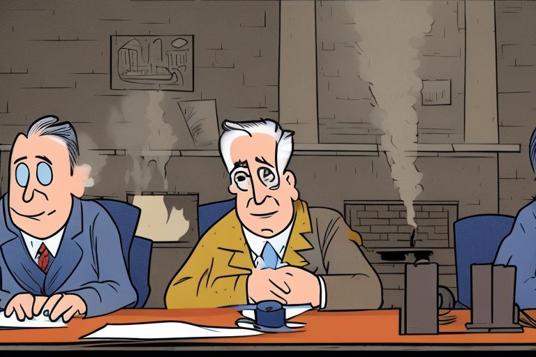 A cartoon image of two bureaucrats sitting at a desk discussing paperwork while smoke rises from an unlit fireplace behind them