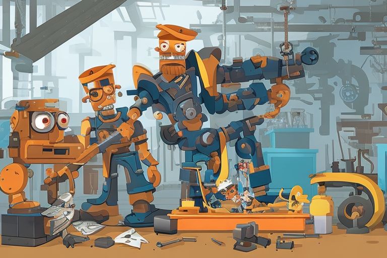 A cartoon image of two pirates working on a robot in a workshop