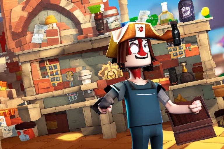 A cartoon pirate holding up a bottle of soda with a treasure chest full of Roblox game codes in the background.