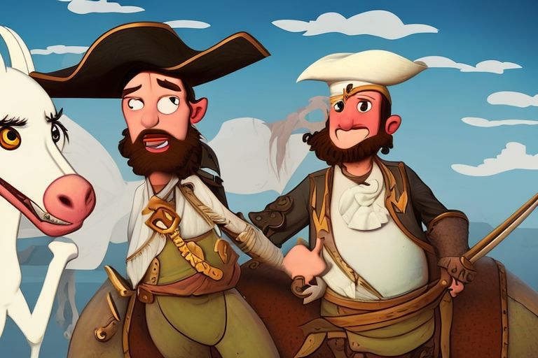 A cartoon pirate pointing away from a large white horse with an angry expression on its face.