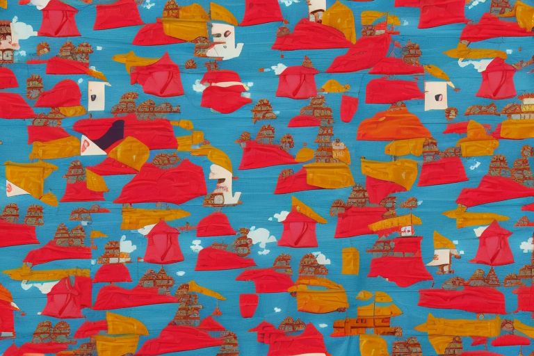 A cartoon pirate ship sailing across a sea of colorful fabric