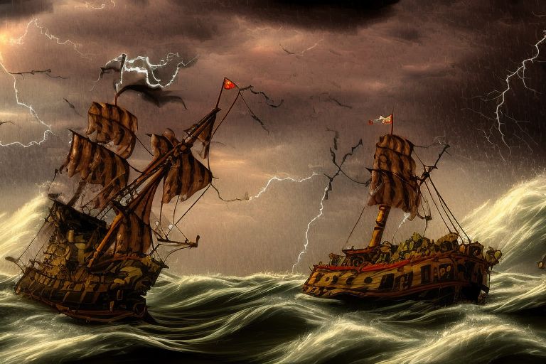 A cartoon pirate ship sailing through a raging sea during a thunderstorm with lightning in the background