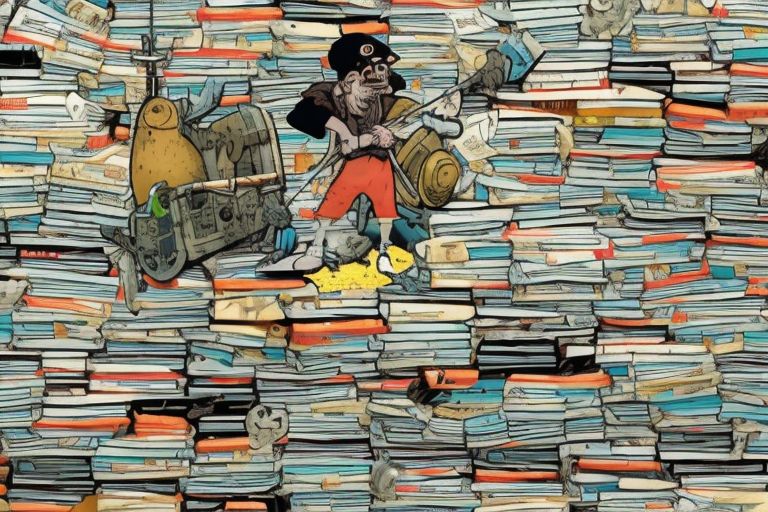 A cartoon pirate standing atop a pile of newspapers with his sword drawn while facing off against an army of computers armed with keyboards and mice.