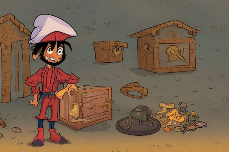 A cartoon pirate standing in front of a beachfront property with a treasure chest at his feet.