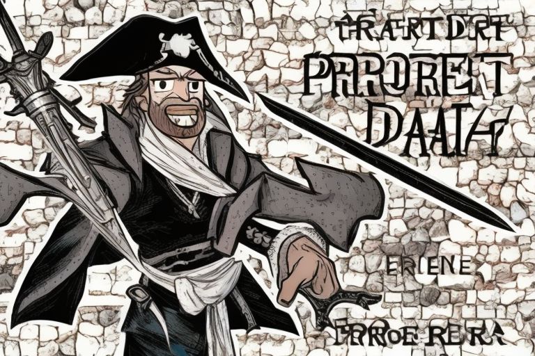 A cartoon pirate standing in front of a laptop with crossed swords behind him with a caption saying "Arrrr! Protect Yer Data!"