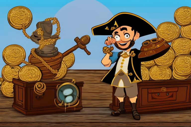 A cartoon pirate wearing a tricorn hat standing next to a treasure chest overflowing with gold coins while holding a telescope with one hand and pointing forward with another hand as if he was looking out at sea.