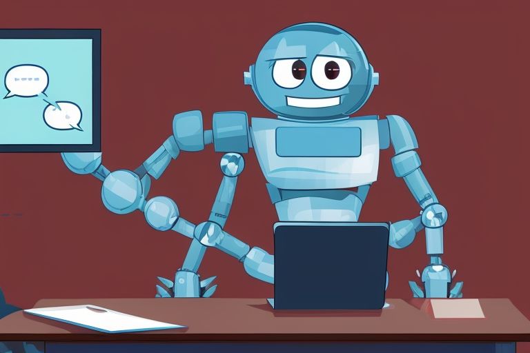 A cartoon robot character sitting at a desk using a laptop computer while typing away happily with a speech bubble saying "Let me handle this!"