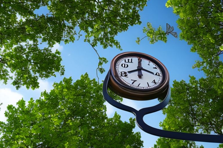 A clock counting down with a question mark hovering above it against a backdrop of green trees and blue sky