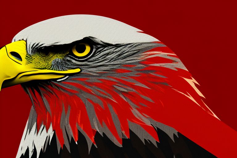 A close up image featuring an eagle with a red background representing America's flag behind it with a black silhouette covering part of its face representing censorship and lack transparency within governmental institutions