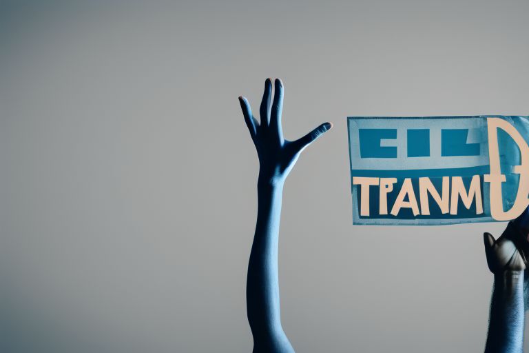 A close up image of a person holding up a sign reading “#BelieveTransMen” with an illustration of a male symbol behind them against a blue background