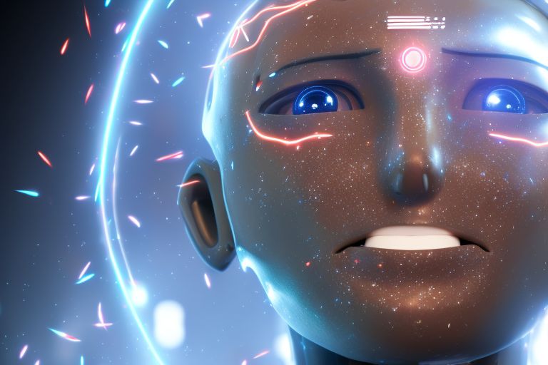 A close-up image of an AI robot's face with glowing eyes and sparks coming from its mouth as if speaking words.