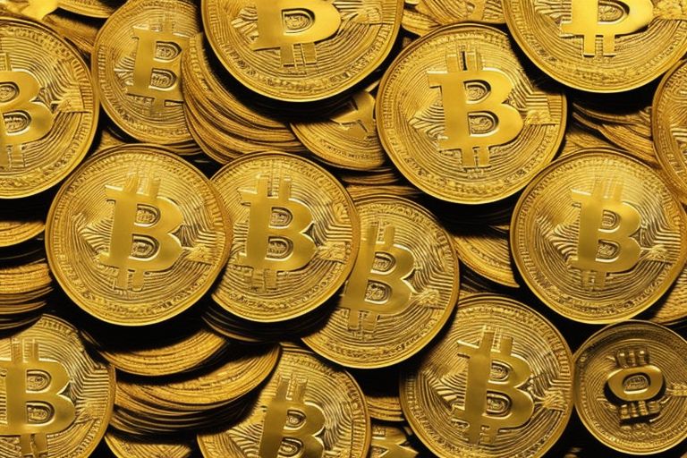 A close up image of gold coins with a bitcoin symbol superimposed over them