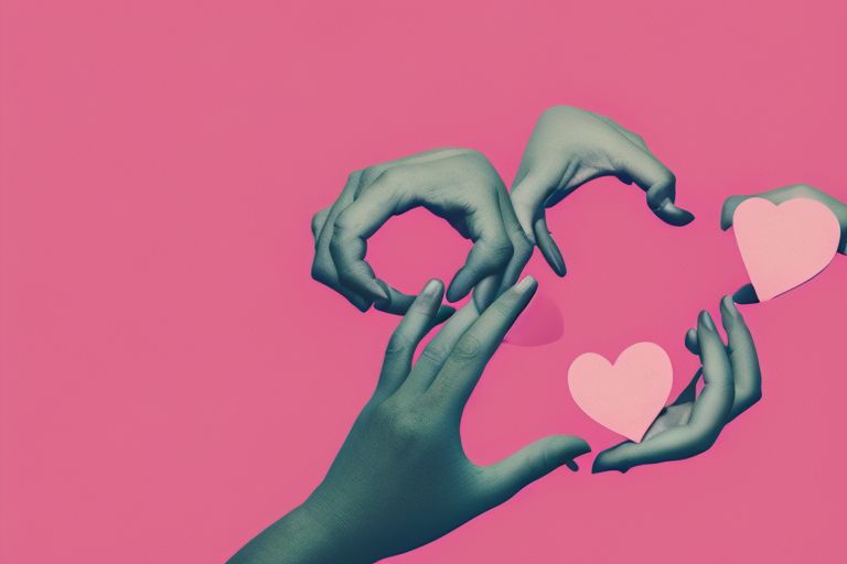 A close-up image of two hands intertwined against a pink background with hearts drawn around them