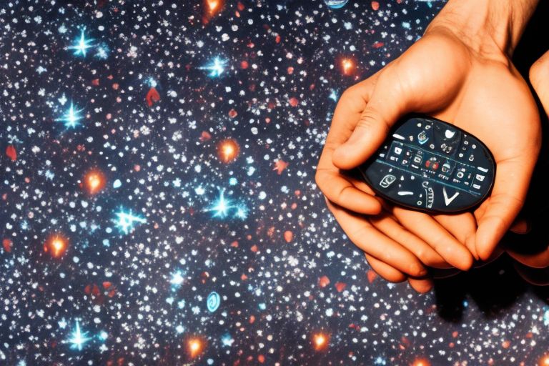 A close-up image showing two hands holding a television remote control against a blue background with stars and planets surrounding it