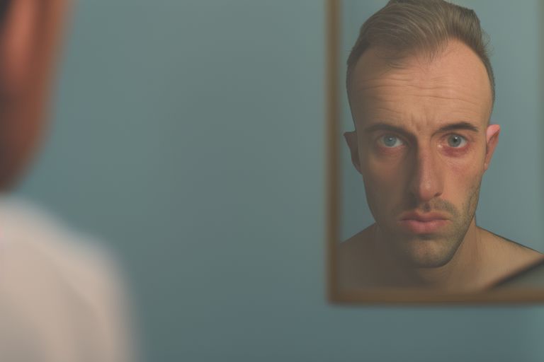 A close-up photo of a man looking into his reflection in the mirror with an expressionless face