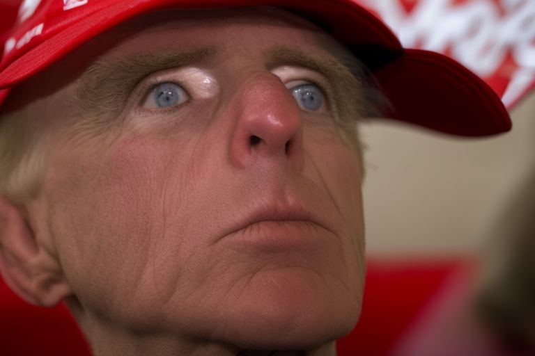 A close-up photo of a person's face looking thoughtful while wearing a red "Make America Great Again" hat