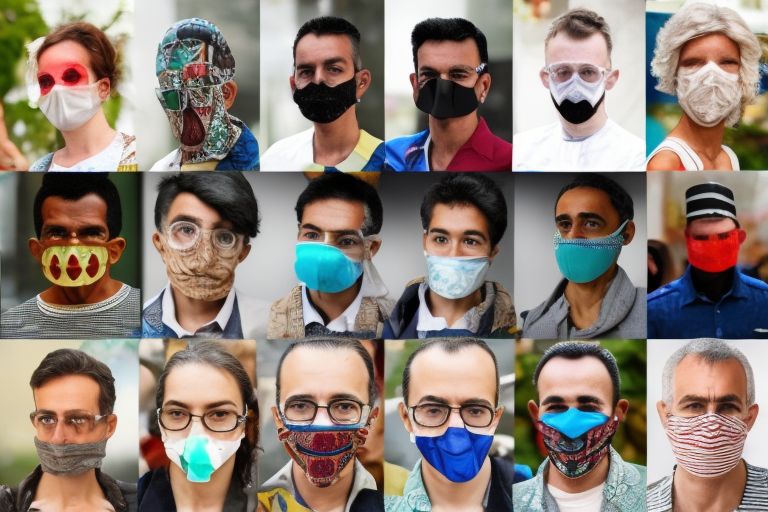 A collage of images showing people wearing different types of masks in various countries around the world.