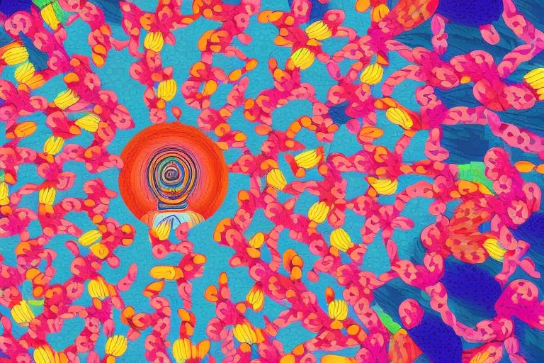 A colorful illustration depicting a person surrounded by psychedelic colors representing their improved mental state due to taking LSD as part of an RCT trial.