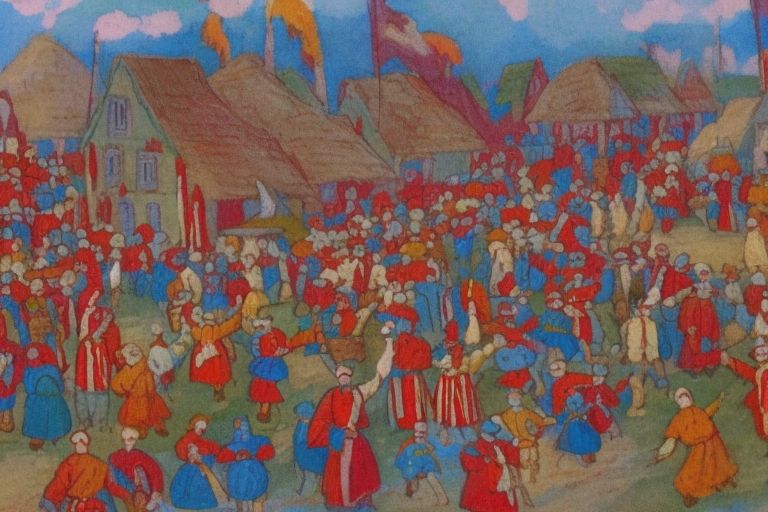 A colorful illustration depicting villagers celebrating Frytis with a grand parade through their town.