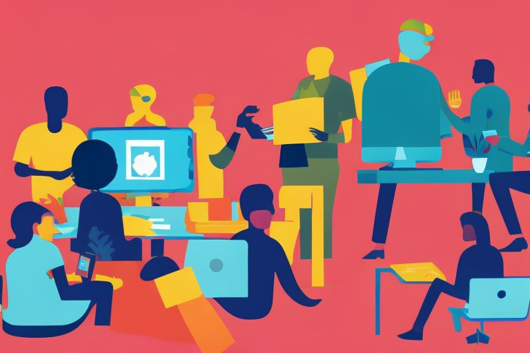 A colorful illustration featuring a diverse group of people working together around a laptop with an image depicting "no code" in the background.