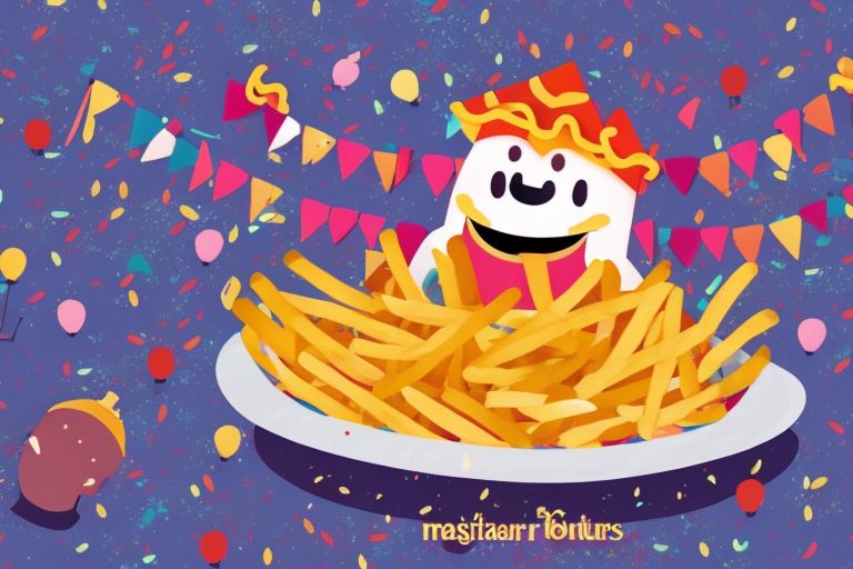 A colorful illustration featuring a smiling Frytis holding a plate full of golden French fries surrounded by celebratory decorations like balloons and confetti