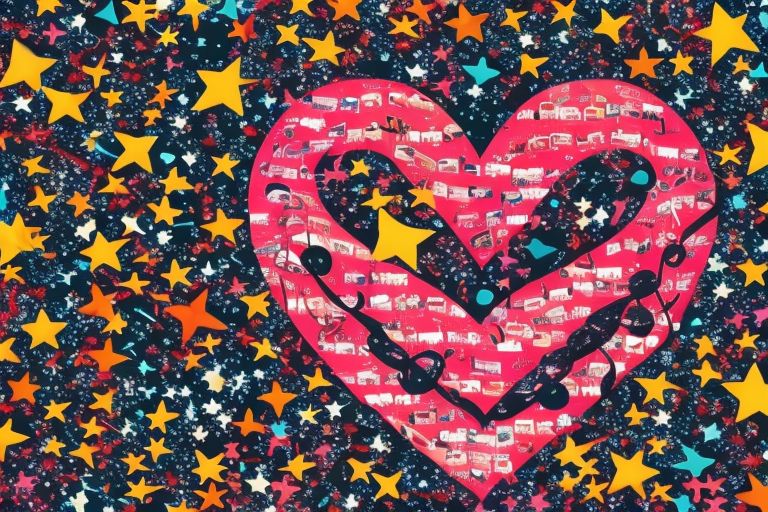 A colorful illustration featuring musical notes coming together to form a heart shape surrounded by stars representing various genres such as hip hop, rock, country etc..