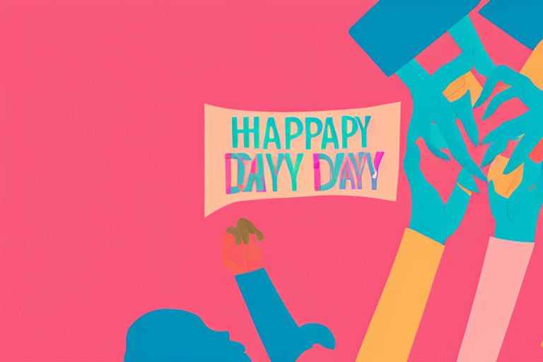 A colorful illustration featuring two hands coming together against a pink background with text reading "Happy Global Orgasm Day!"