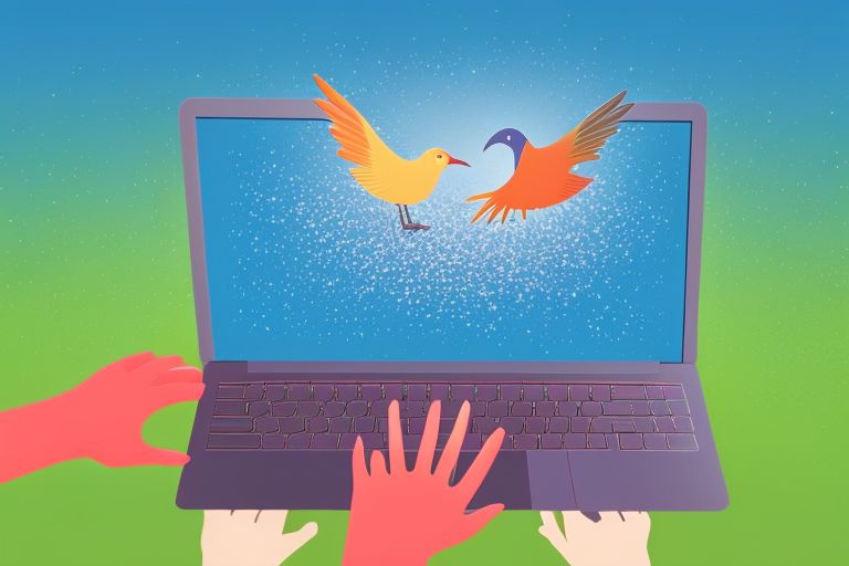 A colorful illustration featuring two hands holding up a laptop screen displaying an image of two birds tweeting at each other against a blue sky background