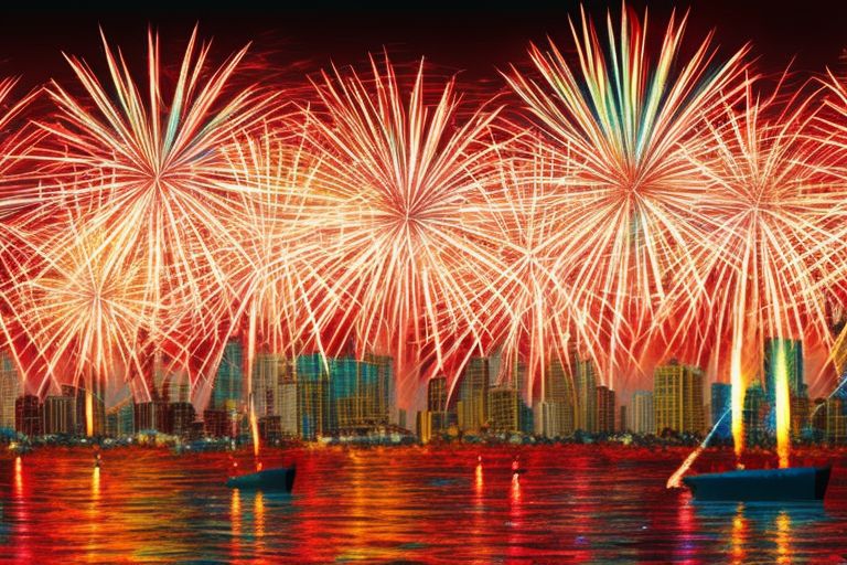 A colorful image depicting fireworks lighting up Miami's skyline during a celebratory event honoring Vasco da Gama's 500th anniversary
