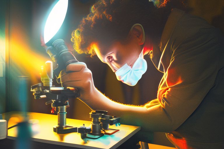 A colorful image featuring a person looking through a microscope with a bright light shining behind them