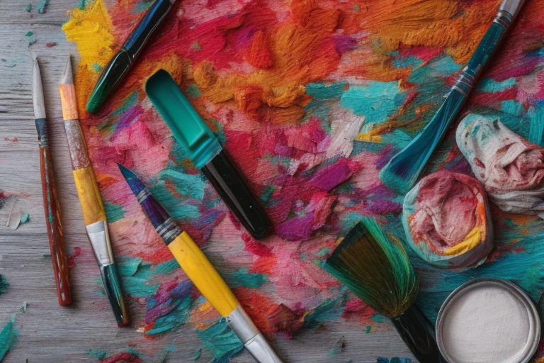 A colorful paint palette surrounded by several brushes on a canvas background