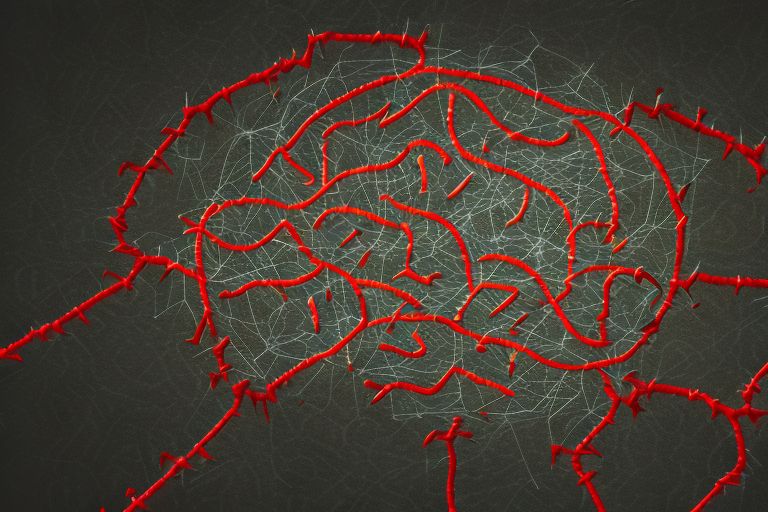 A computer-generated image of a brain connected to wires representing knowledge transfer from an external source.