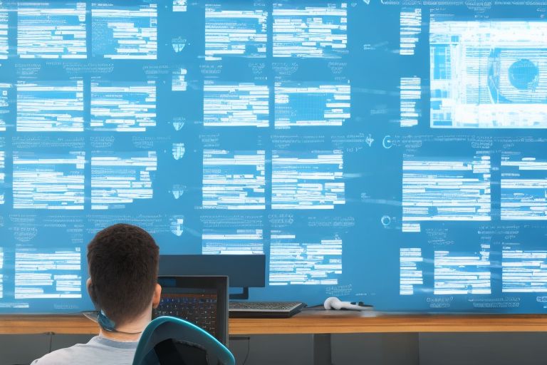 A computer monitor displaying code with various scientific equations scattered around it against a blue background with a person looking at it intently in the foreground