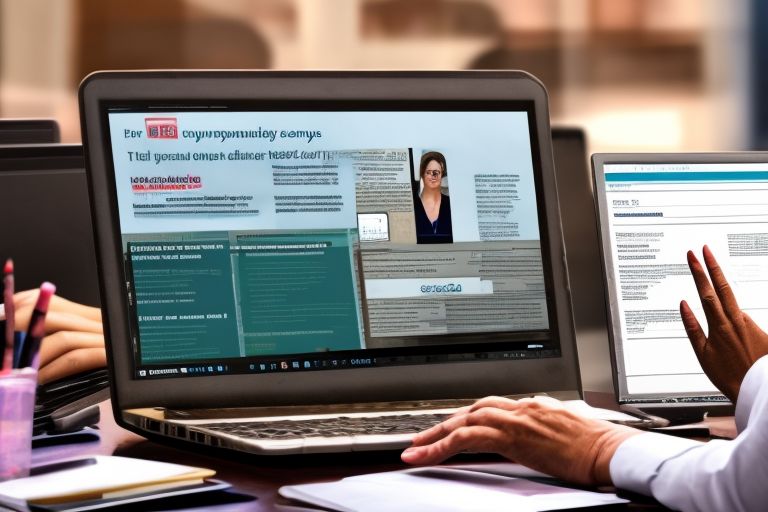 A computer screen displaying an article written on https://t.co/fHdqNZ0K5H with a journalist typing away at her laptop next to it
