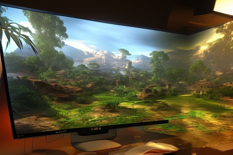 A computer screen displaying an image of a 3D environment lit by 4spp RectAreaLight soft shadows