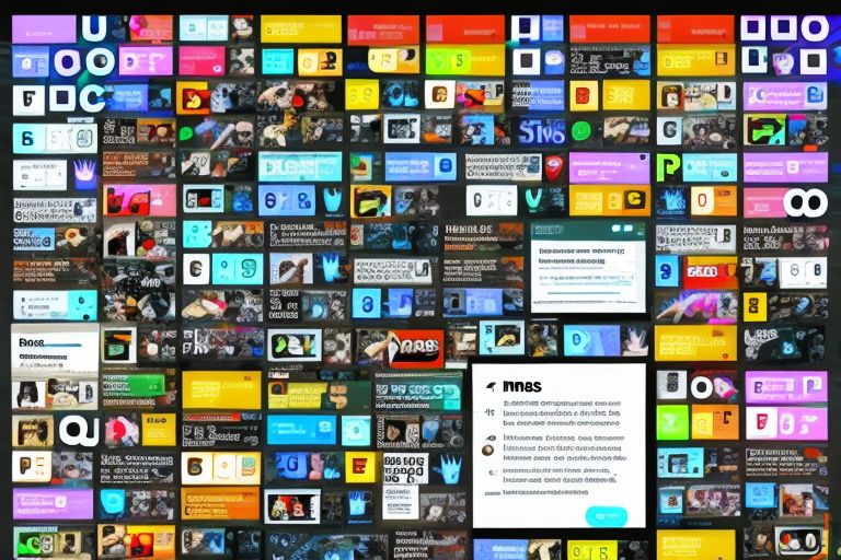 A computer screen displaying The GPT Times v2 website surrounded by colorful buttons representing all its features including optimist/pessimist/neutral style news articles; poetry/Shakespeare/pirate style writing; input up to 3 tweets; shareable links with images; search filtering & pagination; dark mode etc..